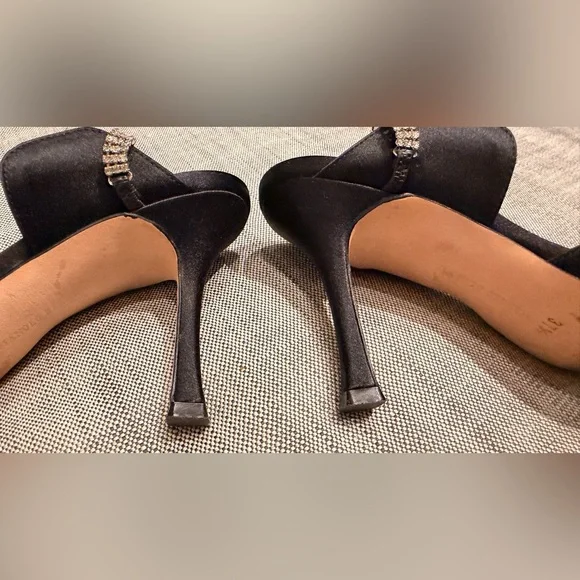 Manolo Blahnik Black Heels with Crystal Ankle and Emblem Embellishments, 37.5